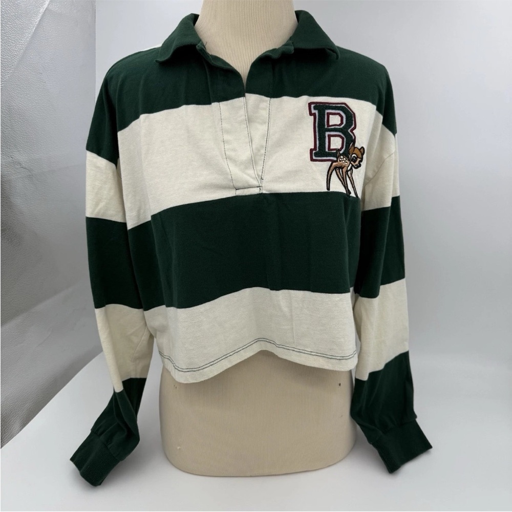 Disney Bambi Women’s Medium Long Sleeved Crop Top Green/white Striped Shirt
